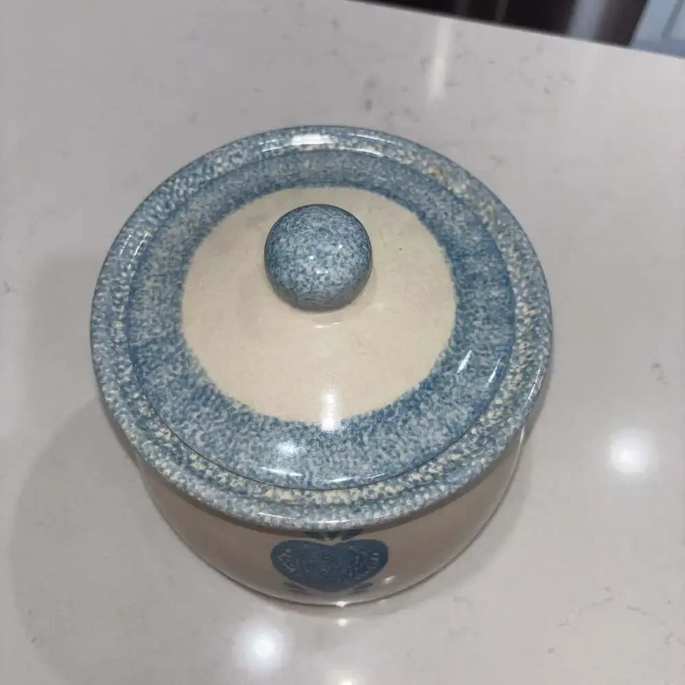 Vintage Stoneware Blue Heart Cookie Jar